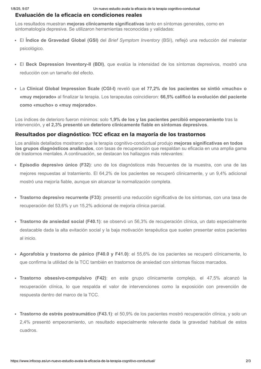 CHCPSICOLOGOS's tweet image. Un nuevo estudio, avalado por el Consejo General de la #Psicología de España confirma la eficacia de la Terapia Cognitivo-Conductual (#TCC) en el tratamiento de diversos trastornos psicológicos con mejoras clínicamente efectivas para una variedad de condiciones. 
Fuente: Infocop