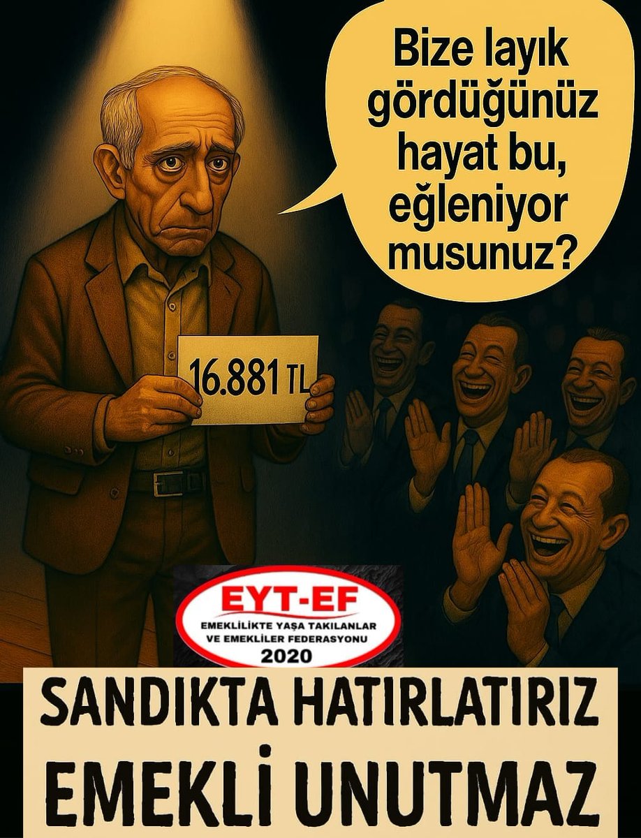 🍋💙HAMZA 💙🍋 (@28harfhamza) on Twitter photo Emekli açlığa mahkûm edilmiş. Hakkını arayınca da “sabredin” deniliyor. Sabır tükendi, vicdan da!
<a href="/isikhanvedat/">Prof. Dr. Vedat Işıkhan</a> <a href="/memetsimsek/">Mehmet Simsek</a>
<a href="/RTErdogan/">Recep Tayyip Erdoğan</a>
<a href="/avabdullahguler/">Abdullah Güler</a> <a href="/_cevdetyilmaz/">Cevdet Yılmaz</a>
#EmekliUnutmaz
#5000KısmiyiUnutturmayız Emekli açlığa mahkûm edilmiş. Hakkını arayınca da “sabredin” deniliyor. Sabır tükendi, vicdan da!
<a href="/isikhanvedat/">Prof. Dr. Vedat Işıkhan</a> <a href="/memetsimsek/">Mehmet Simsek</a>
<a href="/RTErdogan/">Recep Tayyip Erdoğan</a>
<a href="/avabdullahguler/">Abdullah Güler</a> <a href="/_cevdetyilmaz/">Cevdet Yılmaz</a>
#EmekliUnutmaz
#5000KısmiyiUnutturmayız