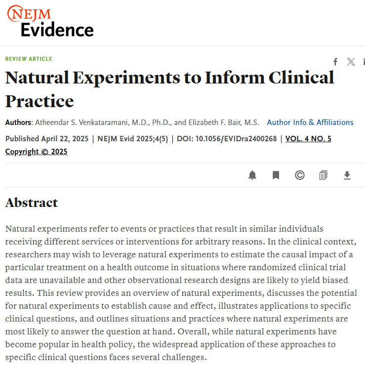 🧠 NEJM Evidence: Luonnolliset koeasetelmat tarjoavat kausaalinäyttöä vaikuttavuudesta, kun satunnaistettu koe (RCT) ei ole mahdollinen – etenkin kliinisessä päätöksenteossa.

👉 Uskottavat tutkimusasetelmat ratkaisevat soten vaikuttavuusarvioinneissa

🔗 doi.org/10.1056/EVIDra…