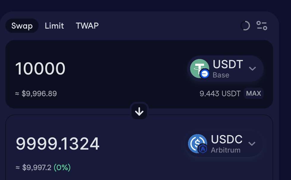 this is not a joke

plugging into <a href="/BungeeExchange/">Bungee</a> immediately makes you win

a simple swap between networks
10,000 USDT@base to USDC

cowswap: 0.8 USD

1inch: 7 USD
pancake swap: 3 USD
uniswap: cant even do it lol
