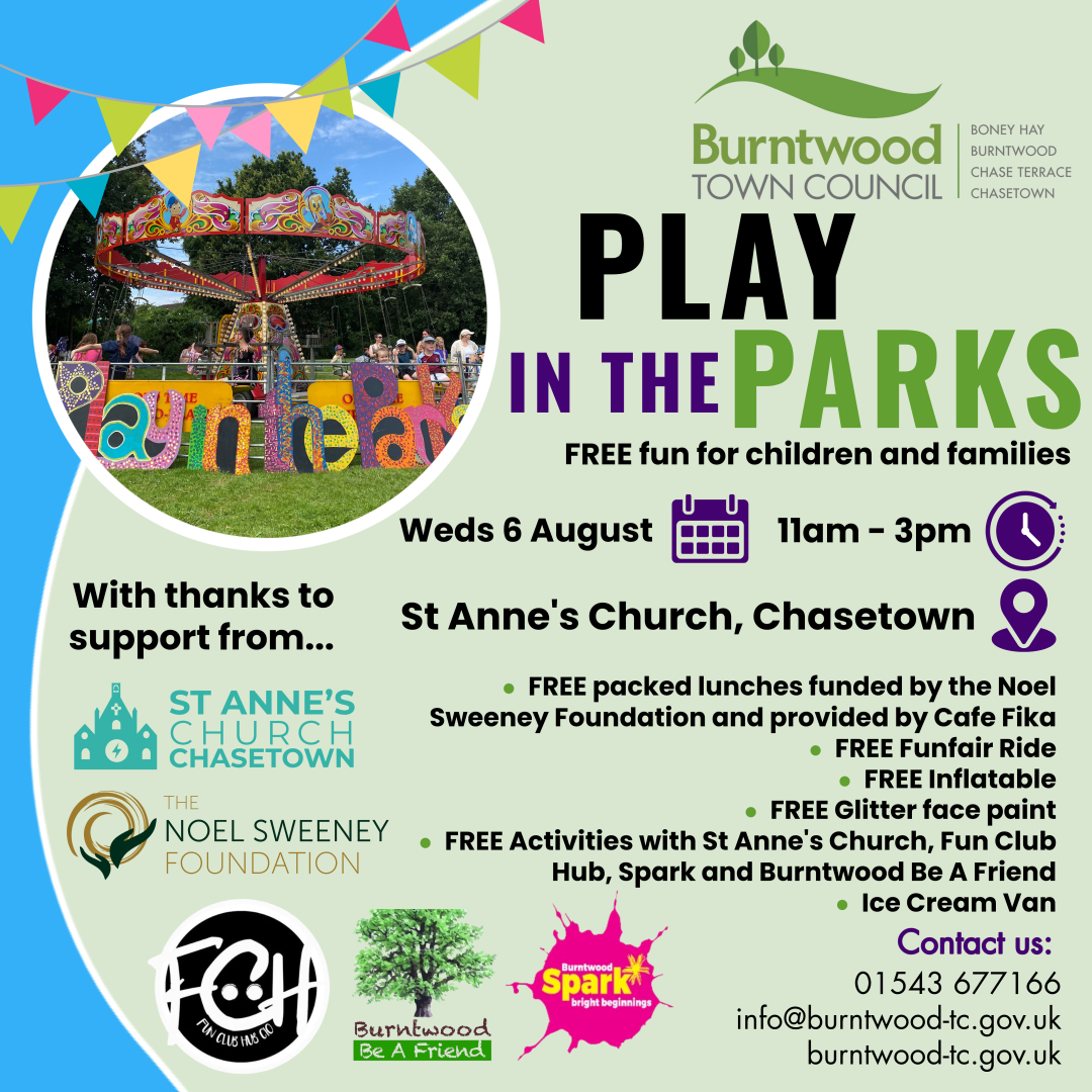Burntwood Play in the Parks Events next week are at Burntwood Leisure Centre (04 August) &amp; St Anne's Church (06 August).  Please can we remind those attending to park considerately ensuring that driveways are not blocked and there is space for emergency vehicle access.