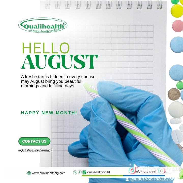 QualiHealthNig's tweet photo. Happy new month from Qualihealth Pharmacy! 
Wishing you a month filled with good health, happiness, and wonderful moments.
Contact us today - 07074815423
#AugustVibes #healthandwellnesschallenge https://t.co/SLAIVgRJjL