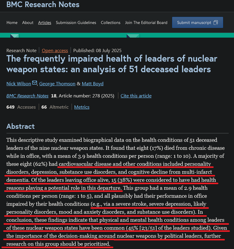 AB34555325's tweet photo. Aktuelle STUDIE: 

Fast die Hälfte der 51 Anführer von 9 Atommächten war mit schweren psychischen oder körperlichen Erkrankungen konfrontiert, darunter  u.a. Demenz, Parkinson, Depressionen, Sucht und Herzkrankheiten.

>>> https://t.co/Xc6NWkd5jr https://t.co/HDNNaPuVjN
