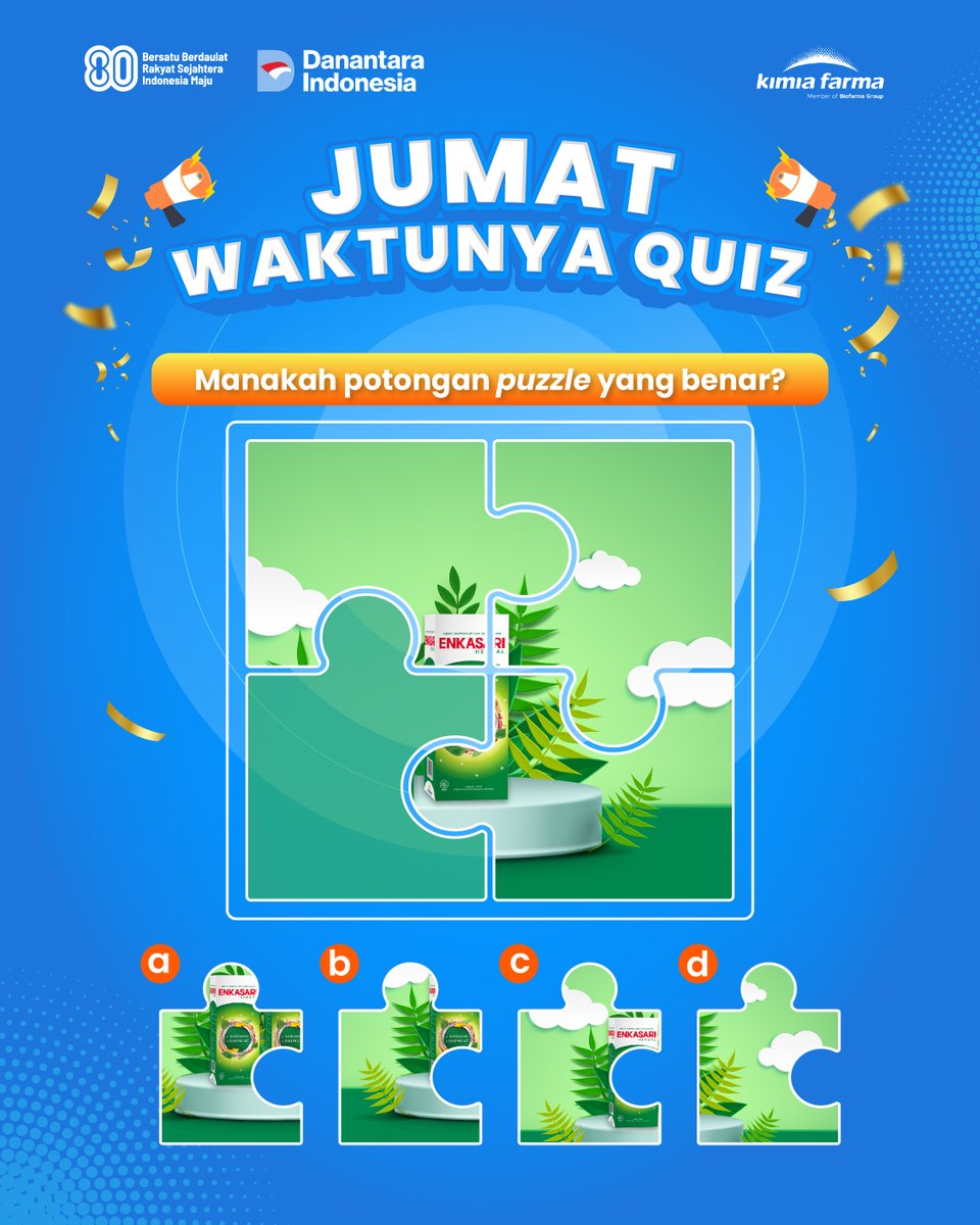 kimiafarmaind's tweet image. Jumat waktunya quiz. Yuk #SahabatKaef ikutan kuisnya🥳🙌

Yuk bantu lengkapi gambar ENKASARI berikut ini dengan memilih salah satu potongan puzzle yang tepat.

Jawab pertanyaan dan tag 5 temanmu untuk ikutan quiz ini juga

#quizkimiafarma #quizinstagram #kuisinstagram #enkasari