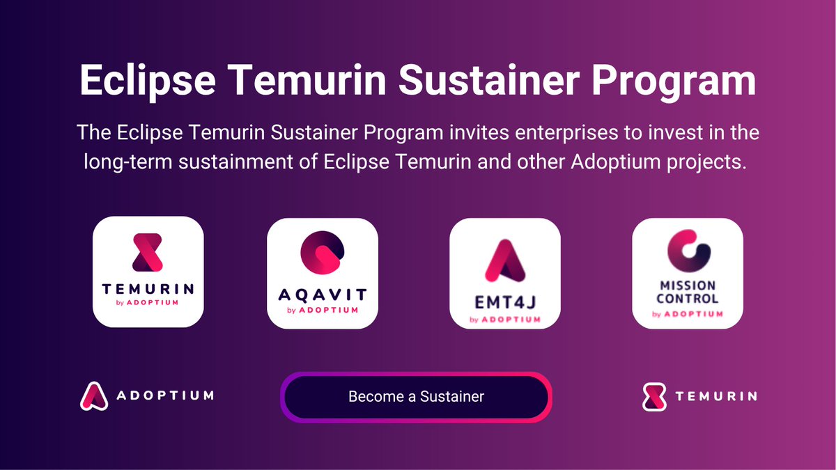 Eclipse Adoptium (@adoptium) on Twitter photo 🌟 Support open Java and elevate your brand!
The #EclipseTemurin Sustainer Program isn’t just about funding, it’s about recognition and leadership in the Java ecosystem.
Explore our sustainer levels and benefits on our new site! hubs.la/Q03p9r4Q0
#Java #Adoptium 🌟 Support open Java and elevate your brand!
The #EclipseTemurin Sustainer Program isn’t just about funding, it’s about recognition and leadership in the Java ecosystem.
Explore our sustainer levels and benefits on our new site! hubs.la/Q03p9r4Q0
#Java #Adoptium
