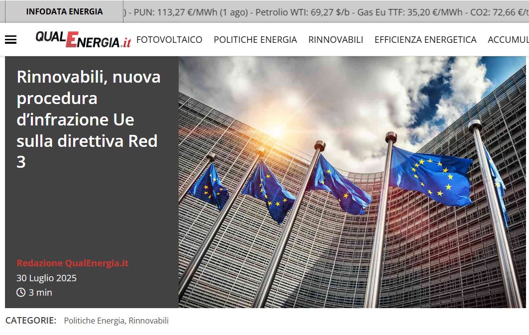 Mentre prosegue il ritardo sulle #areeidonee della RED 2, continuiamo a tardare pure sulla RED 3, e c’è chi propone di tenere il carbone in attesa del nucleare …

#Rinnovabili, nuova procedura d’infrazione <a href="/EU_Commission/">European Commission</a> sulla Direttiva RED 3 per l’Italia, avremmo dovuto