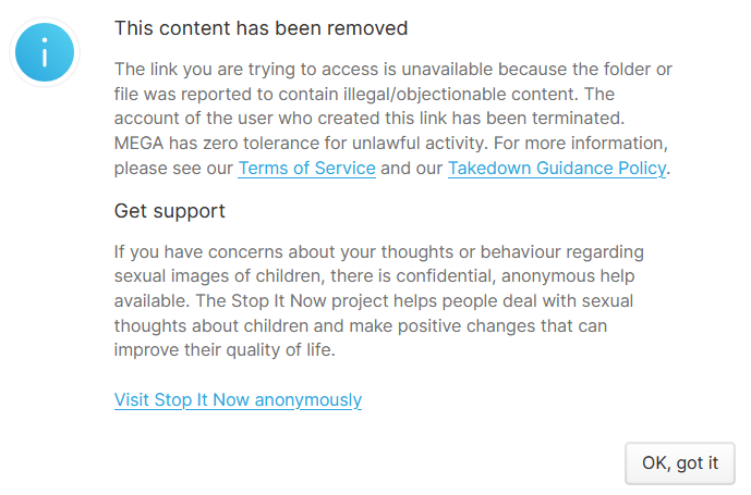 0 warning on email.
0 explanation about what I violated. 
Make sure you folks have local backups of everything on <a href="/MEGAprivacy/">MEGA</a>. I can't imagine this is just a coincidence given the recent string of horrific violations of privacy and censorship happening everywhere right now.
