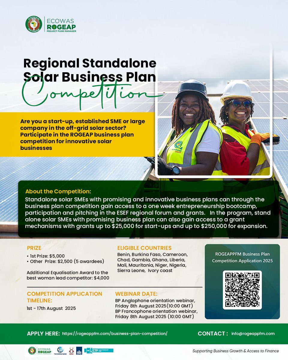 The ROGEAP Business Plan Competition 2025 is officially open!
Are you building the next big idea in off-grid solar energy?
Here’s your golden opportunity to access funding, mentorship, global exposure, and a life-changing pitch stage.