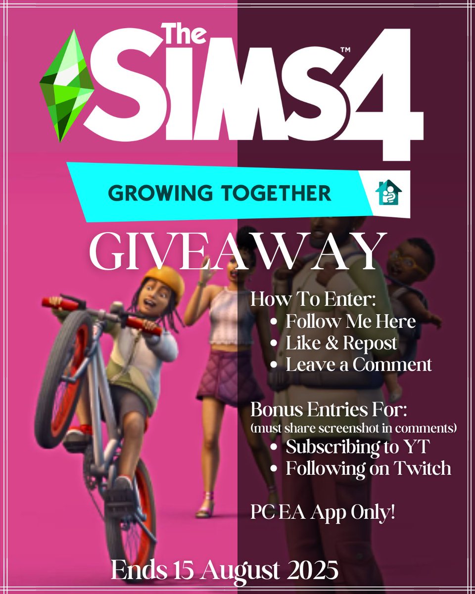✨It's Giveaway Time!! ✨I am giving away 1 code for Growing Together on PC EA App! Read image for details!!
❤️YT: youtube.com/@prettypoisons… 
💜Twitch: twitch.tv/prettypoison69
Names will go into a wheel spinner! 🎉
#EAApp #EA #giveaway #sims4