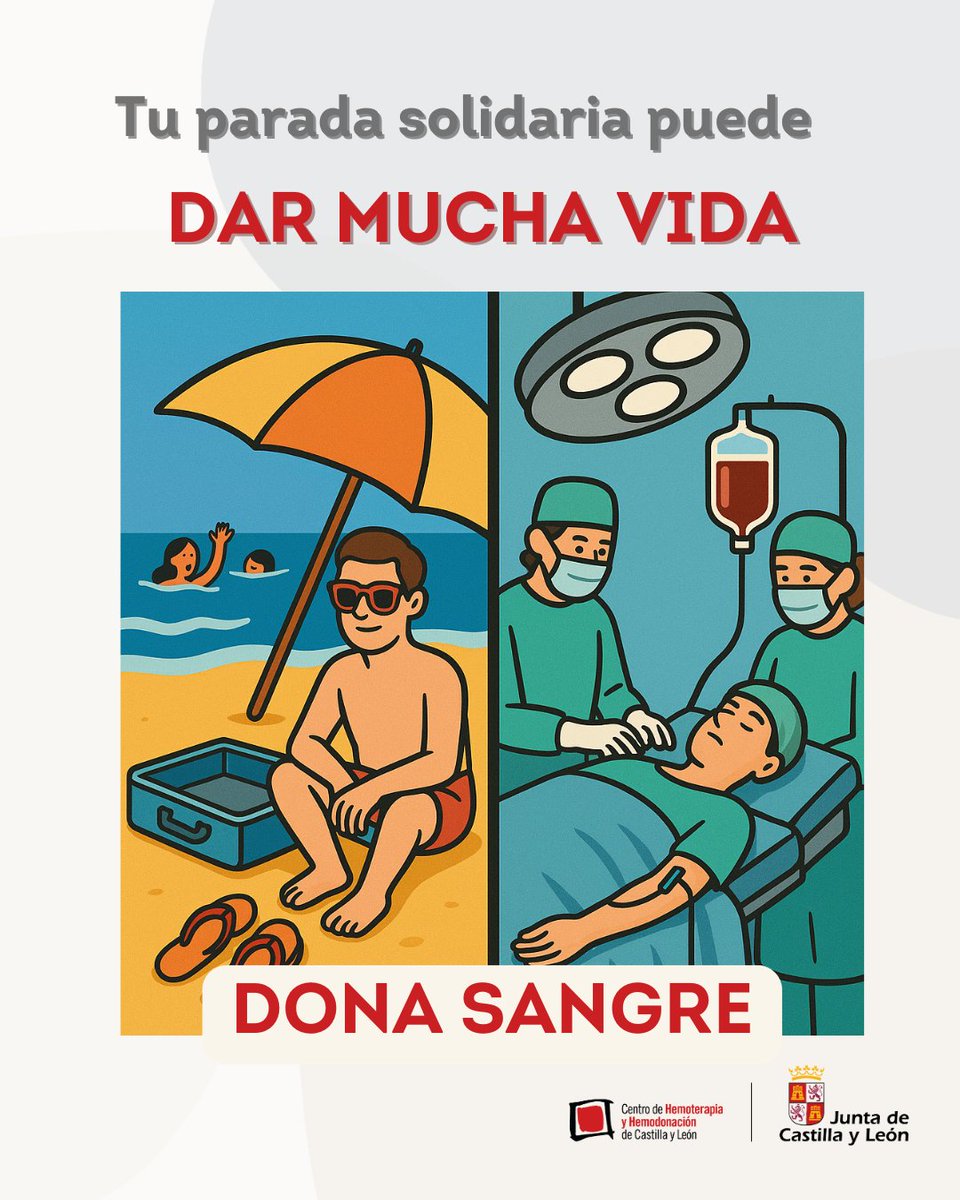 🩸 Agosto no se detiene. La necesidad de sangre, tampoco.

Vacaciones para muchos.
Para otros, quirófano, tratamiento, urgencia.

Haz una escala solidaria. Donar sangre te lleva 20 min.
Puede darle años a alguien.

📍Puntos de donación:
👉 centrodehemoterapiacyl.es/puntos-de-dona…