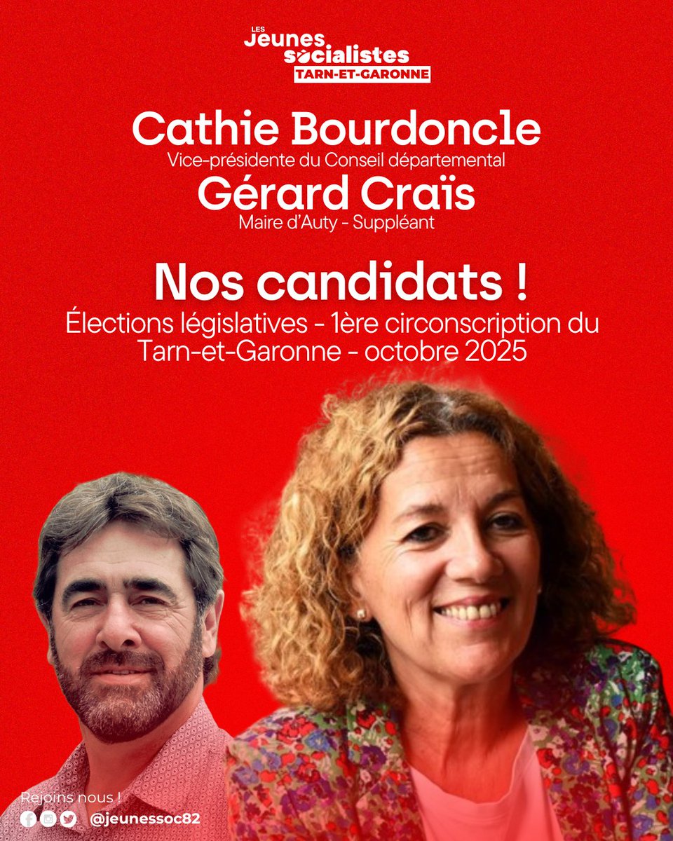 📣 Législatives partielles – 1ère circo du Tarn-et-Garonne !
Fiers de soutenir <a href="/bourdonclecath/">Bourdoncle Cathie</a>
 🌹 et Gérard Craïs pour porter une gauche forte, sociale et démocratique face à l’extrême droite.
Ensemble pour l’égalité, la justice et notre territoire.
🔜 Rejoignez-nous !