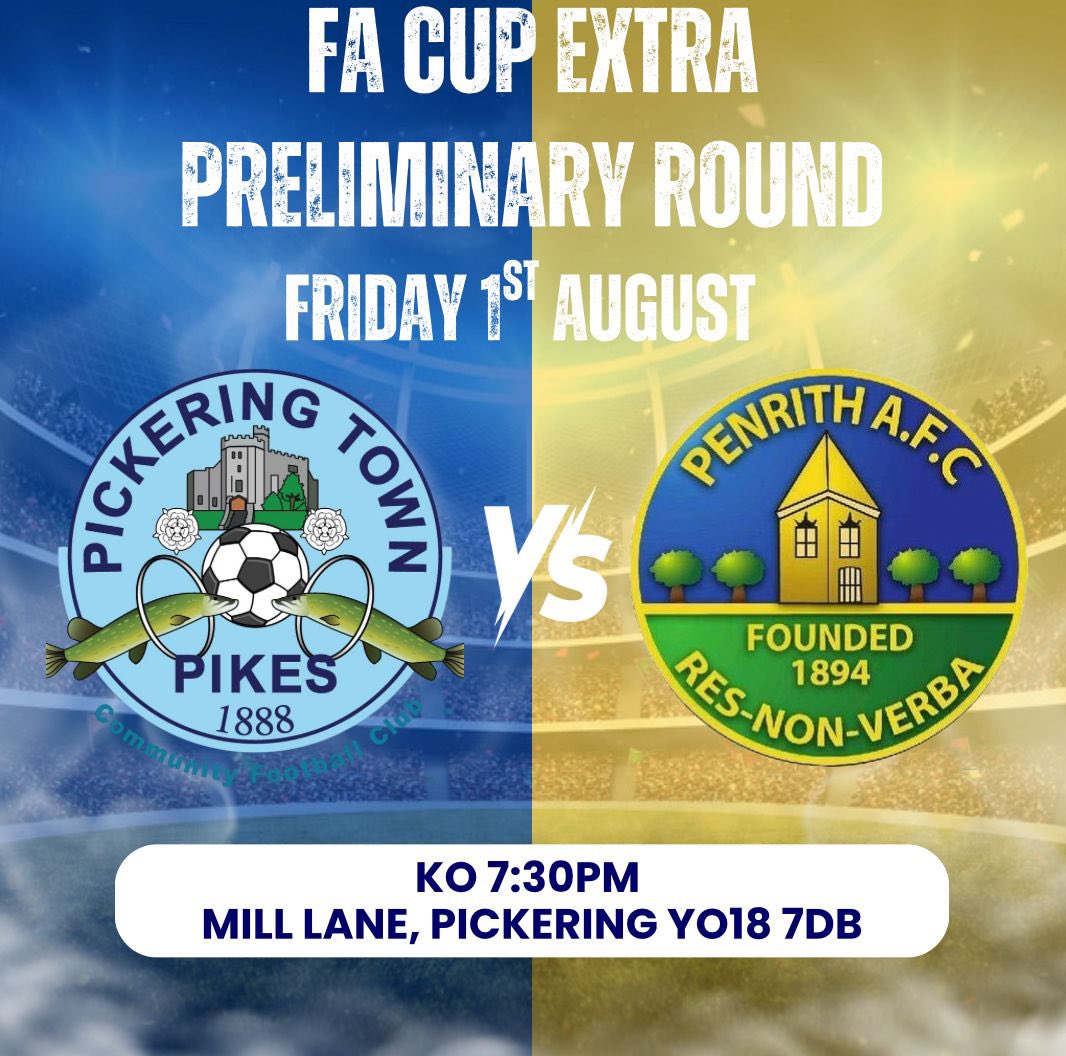 Pickering Town FC (@pickeringtownfc) on Twitter photo MATCH DAY | โฝ๏ธ
<a href="/PickeringTownFC/">Pickering Town FC</a> ๐ <a href="/penrith_afc/">Penrith_AFC</a>
Come down and support the pikes in our <a href="/EmiratesFACup/">Emirates FA Cup</a> tie with Penrith.
Pikes pantry open for refreshments, bar open for drinks. Option of having a go on the raffle - situated next to the turnstiles.
#UpTheaPikes ๐ MATCH DAY | โฝ๏ธ
<a href="/PickeringTownFC/">Pickering Town FC</a> ๐ <a href="/penrith_afc/">Penrith_AFC</a>
Come down and support the pikes in our <a href="/EmiratesFACup/">Emirates FA Cup</a> tie with Penrith.
Pikes pantry open for refreshments, bar open for drinks. Option of having a go on the raffle - situated next to the turnstiles.
#UpTheaPikes ๐