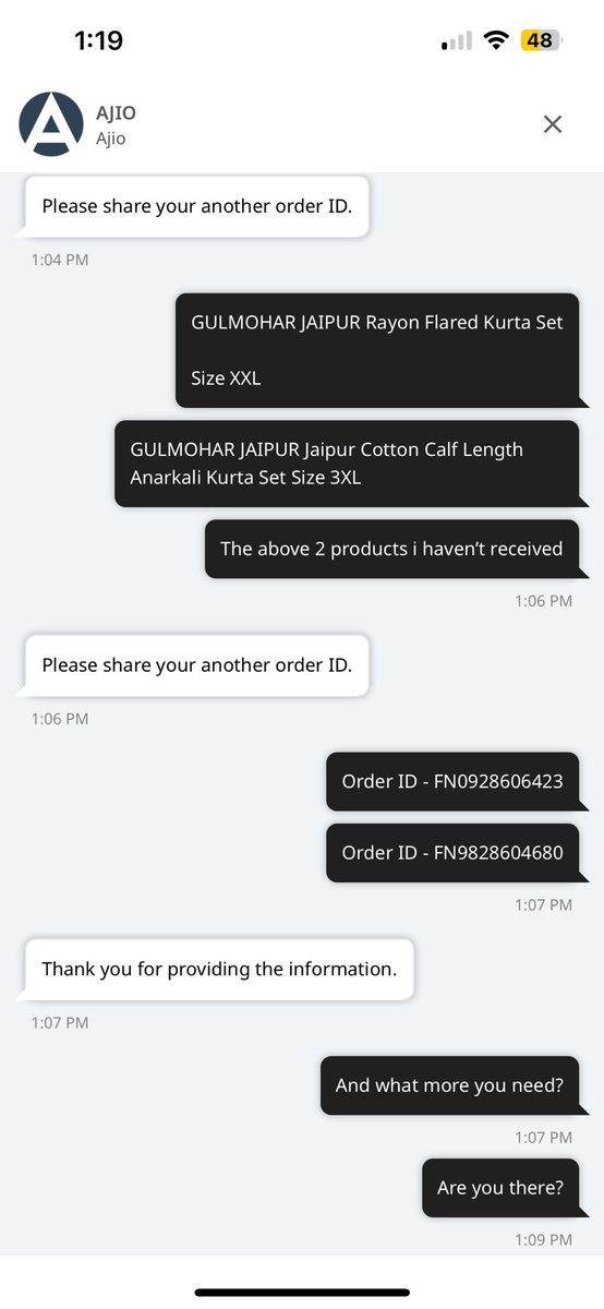 vikiji123's tweet image. @AJIOLife I didn’t even receive the products and your team keeps talking about returns. 20 days, 2 missing items, no real help — just copy-paste responses. What a joke. Order IDs: FN0928606423 &amp;amp; FN9828604680. #AjioFail #WorstCustomerService