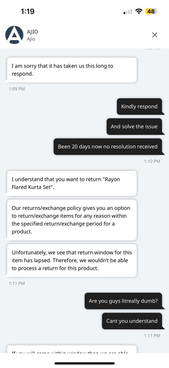 vikiji123's tweet image. @AJIOLife I didn’t even receive the products and your team keeps talking about returns. 20 days, 2 missing items, no real help — just copy-paste responses. What a joke. Order IDs: FN0928606423 &amp;amp; FN9828604680. #AjioFail #WorstCustomerService