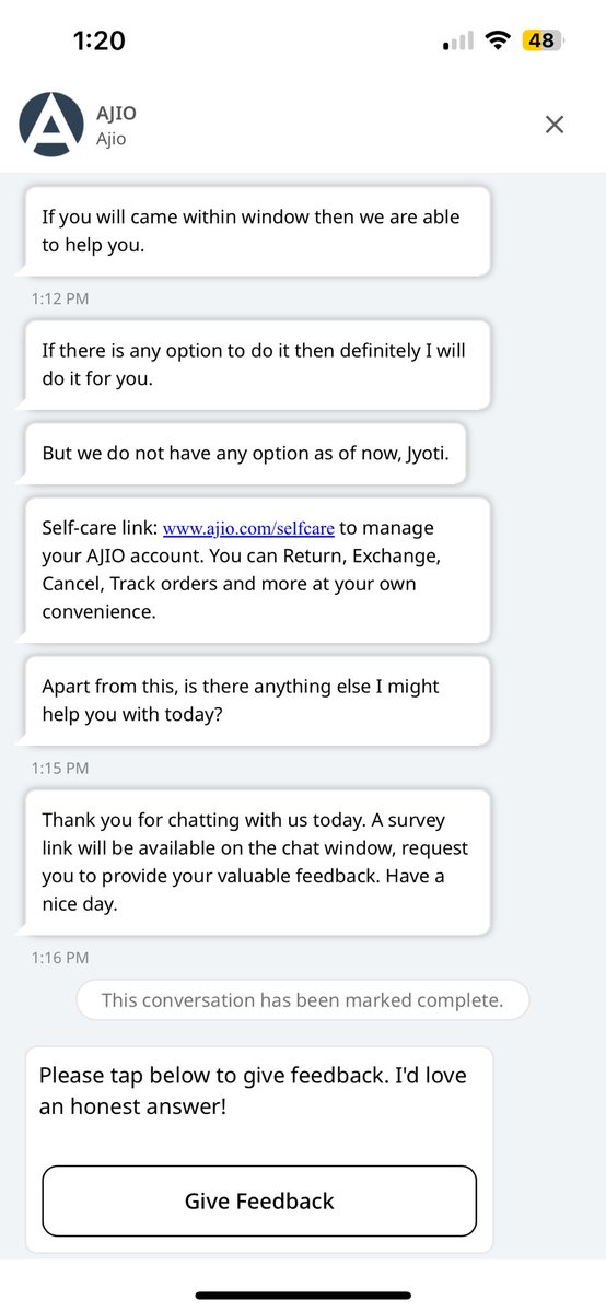 vikiji123's tweet image. @AJIOLife I didn’t even receive the products and your team keeps talking about returns. 20 days, 2 missing items, no real help — just copy-paste responses. What a joke. Order IDs: FN0928606423 &amp;amp; FN9828604680. #AjioFail #WorstCustomerService