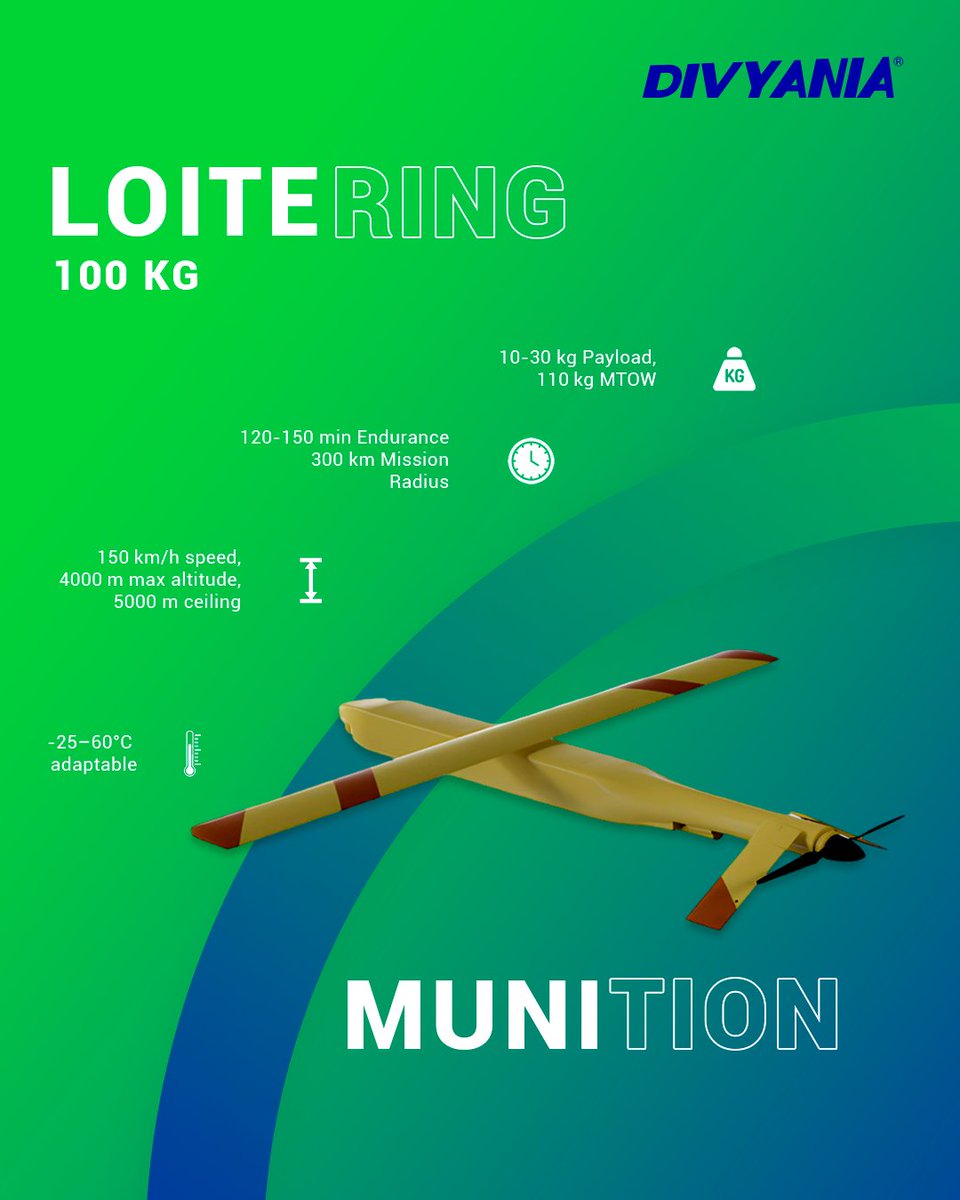 DivyaniaUAV's tweet image. Heavy-duty impact   from above – the 100kg Loitering Munition redefines long-range precision   strikes.   #LoiteringMunition100kg #PrecisionStrike   #AdvancedWarfare #AerialSuperiority #StrategicFirepower