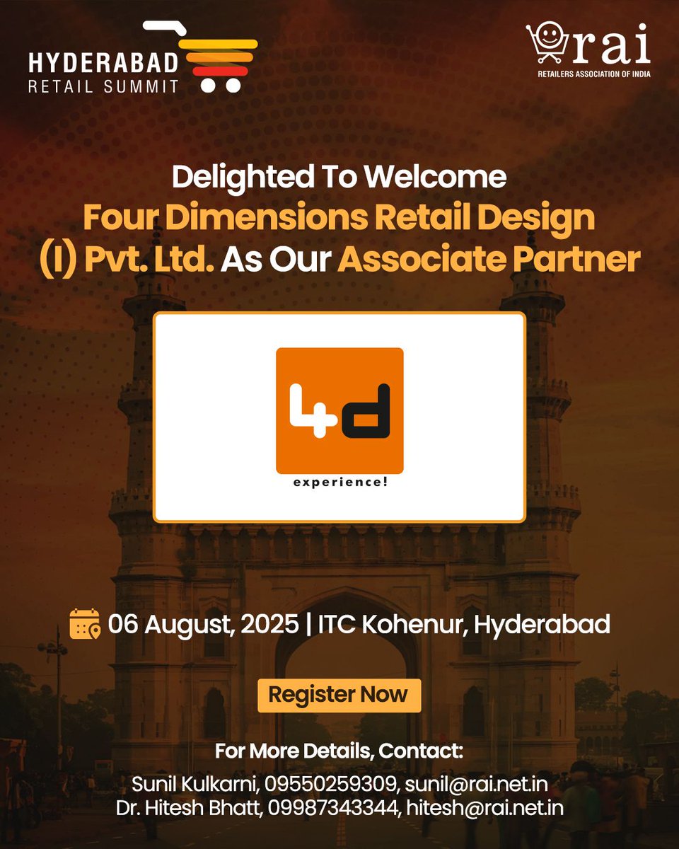 Looking to transform your retail presence and create spaces that truly speak your brand language?

We’re proud to welcome Four Dimensions Retail Design (I) Pvt. Ltd. as an Associate Partner at the Hyderabad Retail Summit 2025, and you need to visit their stall.

Here’s why 👇
✔️
