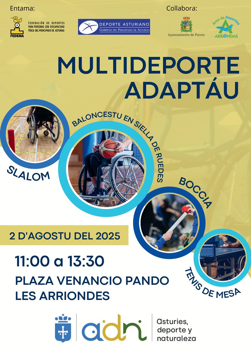 Esti 2 d’agostu, de 11:00 a 13:30 h, ¡Les Arriondes va convertise na mapa del multideporte adaptáu! 👩‍🦽‍➡️🏀​ Descubri tu solu/a que deportes como’l baloncestu o’l tenis de mesa son posibles independientemente de les tos capacidaes físiques.

<a href="/culturaAST/">Conseyería de Cultura, P. Llingüística y Deporte</a>