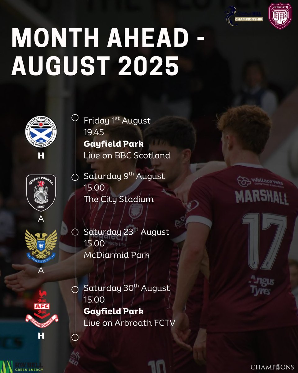 𝐌𝐨𝐧𝐭𝐡 𝐀𝐡𝐞𝐚𝐝

A snapshot view of August. Two home games, two away games. 

Let’s go Lichties!

#ArbroathFCLive #MonTheLichties #Resurgence