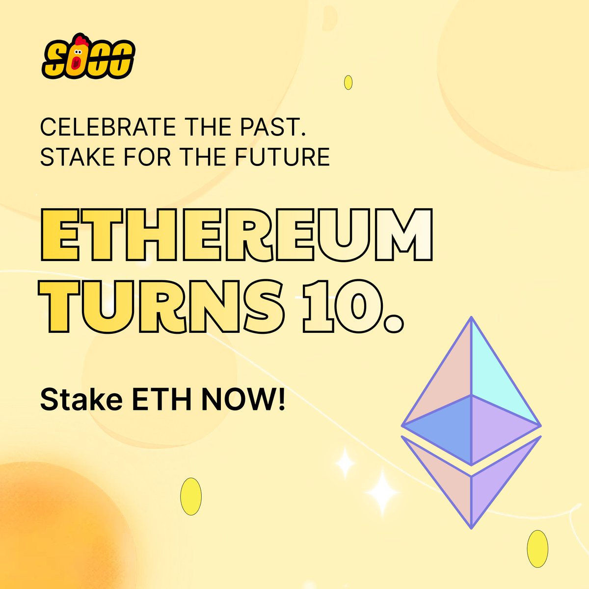 🎉 Ethereum turns 1⃣0⃣ — and it's still shaping the future.
#DeFi started here. The next chapter? You’re in it.
Stake your #ETH on #SOOO today.
Earn rewards. Build the future. Believe in real staking.
