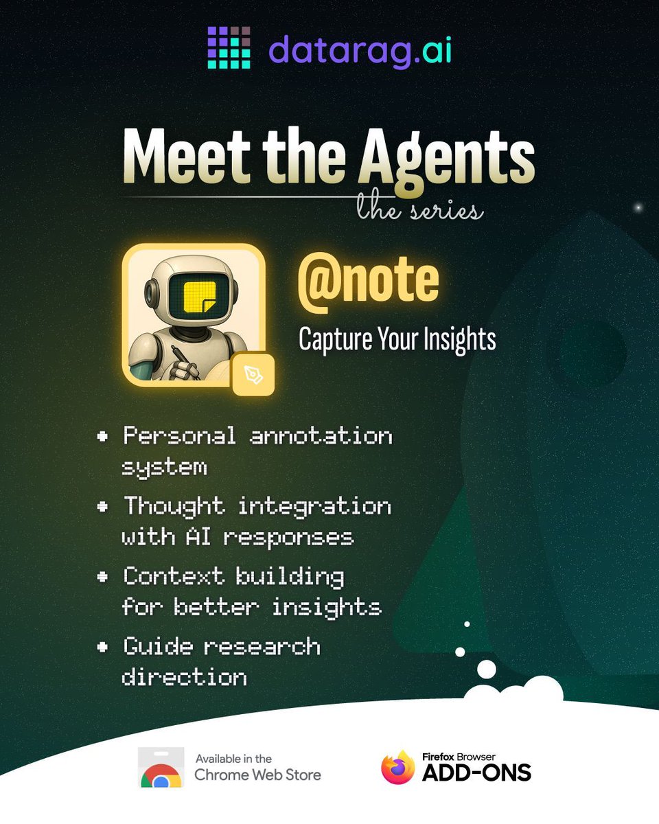 dataragai's tweet image. Capture every insight! @note agent lets you add personal thoughts and ideas that become part of your research memory.

#ResearchNotes #AIAssistant #ResearchTools