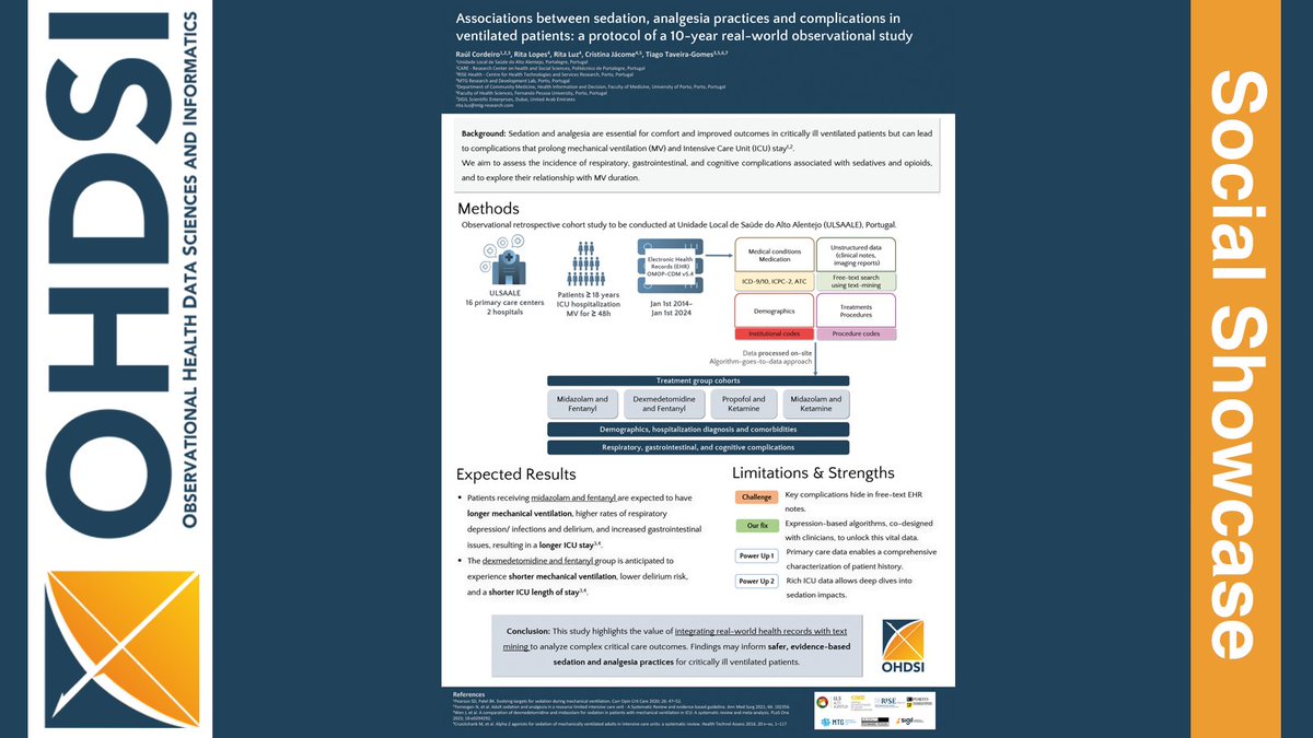 Associations between sedation, analgesia practices and complications in ventilated patients: A Protocol of a 10-year Real-World Observational Study #OHDSISocialShowcase #JoinTheJourney 

Lead: R Cordeiro
Team: R Lopes, R Luz, C Jácome, T Taveira-Gomes

🔗 loom.ly/Vl6TT4A