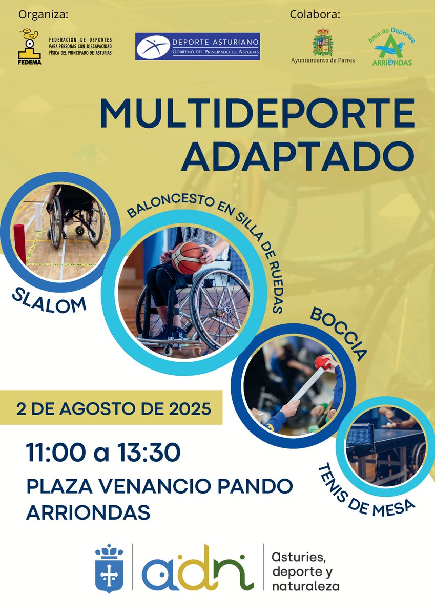 El próximo 2 de agosto, de 11:00 a 13:30 h, ¡Arriondas/Les Arriondes se convertirá en el epicentro del multideporte adaptado!👩‍🦽➡️🏀​
Descubre por ti mism@, que deportes como el baloncesto o el tenis de mesa, son posibles independientemente de tus capacidades físicas.

<a href="/culturaAST/">Conseyería de Cultura, P. Llingüística y Deporte</a>