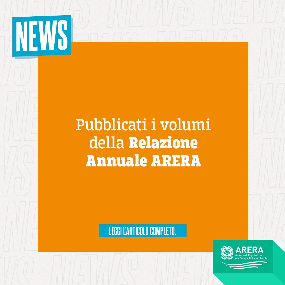 ARERA (@arera_it) on Twitter photo La Relazione Annuale sullo stato dei servizi e sull'attività svolta dall’Autorità nel 2024 è online.
Sul nostro sito trovi i due volumi e la sintesi, con tutti i dati per #elettricità, #gas, #acqua, #rifiuti: arera.it/chi-siamo/rela…
#RA25 La Relazione Annuale sullo stato dei servizi e sull'attività svolta dall’Autorità nel 2024 è online.
Sul nostro sito trovi i due volumi e la sintesi, con tutti i dati per #elettricità, #gas, #acqua, #rifiuti: arera.it/chi-siamo/rela…
#RA25