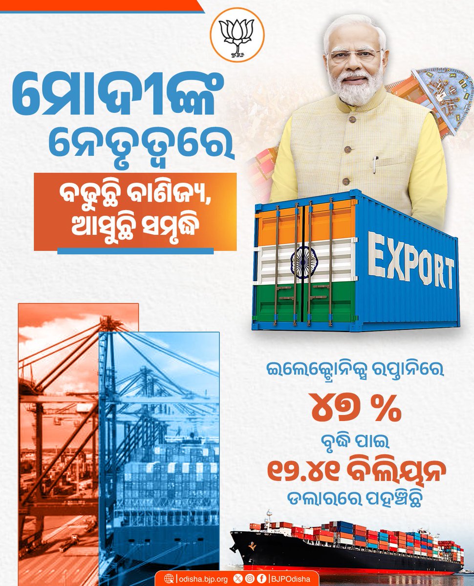 ଯଶସ୍ୱୀ ପ୍ରଧାନମନ୍ତ୍ରୀ ଶ୍ରୀ ନରେନ୍ଦ୍ର ମୋଦୀଙ୍କ ନେତୃତ୍ୱରେ ବଢୁଛି ବାଣିଜ୍ୟ, ଆସୁଛି ସମୃଦ୍ଧି ।