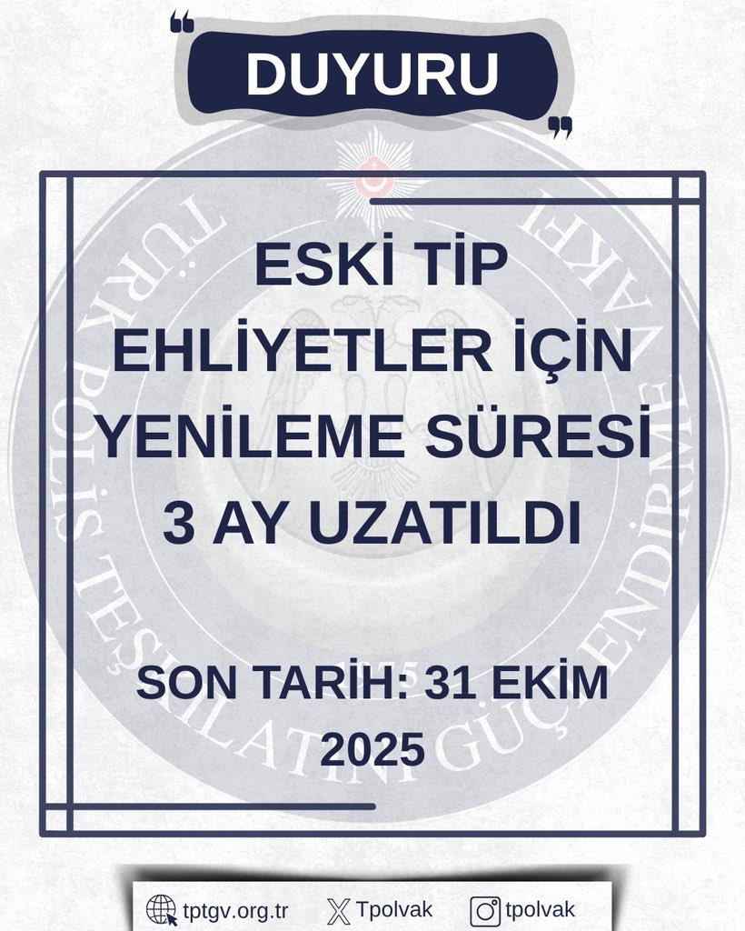Eski tip ehliyet sahipleri dikkat!

Ehliyet yenileme süresi 31 Ekim 2025’e kadar uzatıldı.
Ama Bakanlık bu kez uyardı: “Süre bir daha uzatılmayacak!”

✔️ Yoğunluk oluşmadan randevunuzu alın: randevu.nvi.gov.tr

⏳ Lütfen işleminizi son dakikaya bırakmayın.

#ehliyet