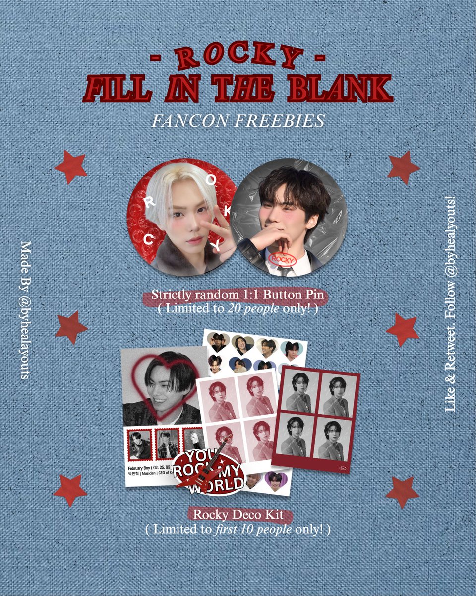 𝗥𝗢𝗖𝗞𝗬: 1ST FANCON in MANILA
[ 𝗙𝗜𝗟𝗟 𝗜𝗡 _________ 𝗧𝗛𝗘 𝗕𝗟𝗔𝗡𝗞 ]

♨️ follow <a href="/byhealayouts/">hea layouts</a>
♨️ like &amp; retweet
♨️ limited | 1:1 only!
♨️ time &amp; loc: tba

see u there arohas &amp; hamos! 👀

#ROCKY #HAMO #AROHA #ROCKY1stFANCONinManila #FillintheBlankFANCON