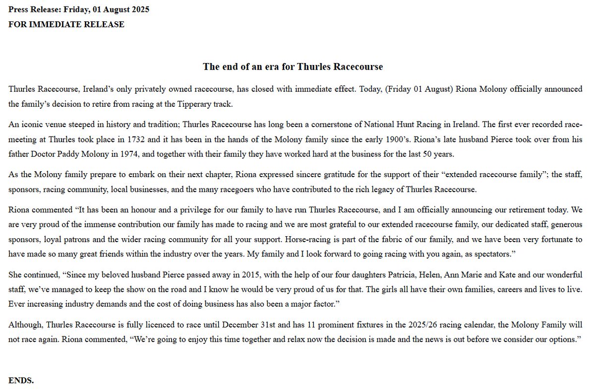 Huge news in Irish racing as Thurles racecourse announces that it is closing with immediate effect.