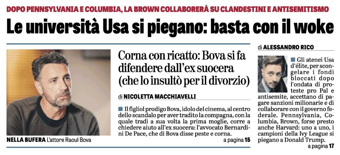 Alessandro Rico 🇮🇹 (@ricoalessandro) on Twitter photo Le università Usa versano somme milionarie e si sottopongono a controlli su immigrazione e politiche di diversità. Resta da capire se l’intervento di Trump servirà a invertire il segno del regime culturale, oppure a ripristinare il buon senso e il pluralismo. 
Su <a href="/LaVeritaWeb/">La Verità</a> Le università Usa versano somme milionarie e si sottopongono a controlli su immigrazione e politiche di diversità. Resta da capire se l’intervento di Trump servirà a invertire il segno del regime culturale, oppure a ripristinare il buon senso e il pluralismo. 
Su <a href="/LaVeritaWeb/">La Verità</a>