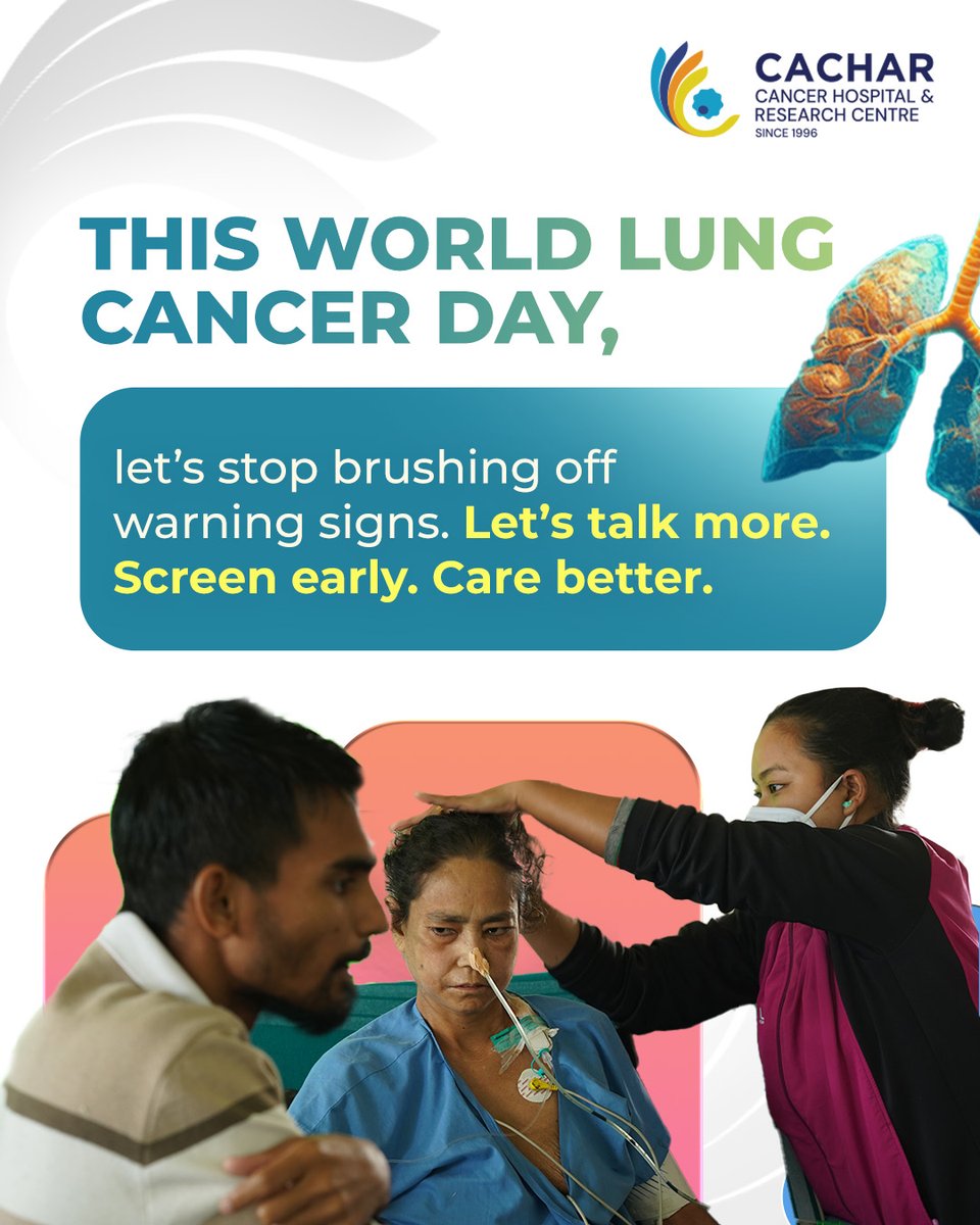 Cachar Cancer Hospital & Research Centre (@cchrccancercare) on Twitter photo In Northeast India, lung cancer is often detected too late, not due to a lack of care, but missed signs.
At CCHRC, we’re changing that with early diagnosis and compassionate treatment.
Know the signs. Act early.
#WorldLungCancerDay #CCHRC #LungCancerAwareness In Northeast India, lung cancer is often detected too late, not due to a lack of care, but missed signs.
At CCHRC, we’re changing that with early diagnosis and compassionate treatment.
Know the signs. Act early.
#WorldLungCancerDay #CCHRC #LungCancerAwareness