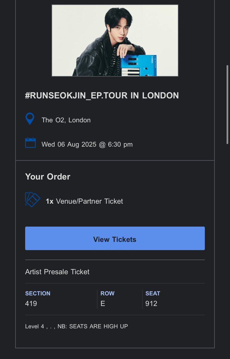 hyyhtaem's tweet photo. WTS 
selling 1x ticket for day 2 (August 6) of #RUNSEOKJIN_epTOUR_LONDON 

reason for selling: bought another ticket! originally bought at £150 but will be selling for £100.

I will put it through the AXS reselling if thats more secure for u or can directly transfer to your email https://t.co/FO2ewKfYoB