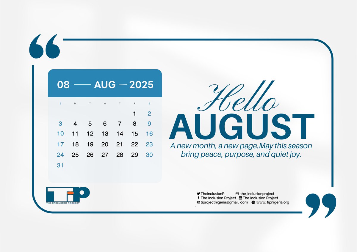 TheinclusionP's tweet image. As we step into August, may your days be filled with purpose, peace, and progress. Here's to new opportunities, bold impact, and shared growth. Let’s continue building a more inclusive world—together. 💙

#HappyNewMonth #TheInclusionProject #InclusionForAll #PeaceAndPurpose