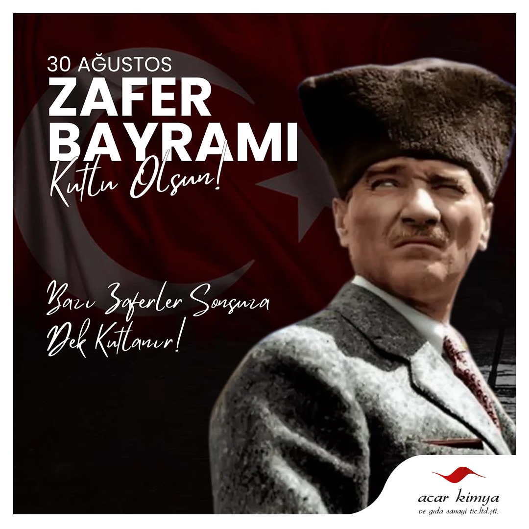 acarkimya's tweet photo. 30 Ağustos Zafer Bayramı, Türk milletinin sarsılmaz iradesi ve kahramanlık tarihinin taçlandığı gündür! Zafer, milletimizin birlik ve kararlılığıyla kazanılmıştır. Kahramanlarımıza minnettarız.

Zafer Bayramımız Kutlu Olsun! 🇹🇷 
#30AğustosZaferBayramı #ZaferinGücü #AcarKimya https://t.co/XHti541FsL
