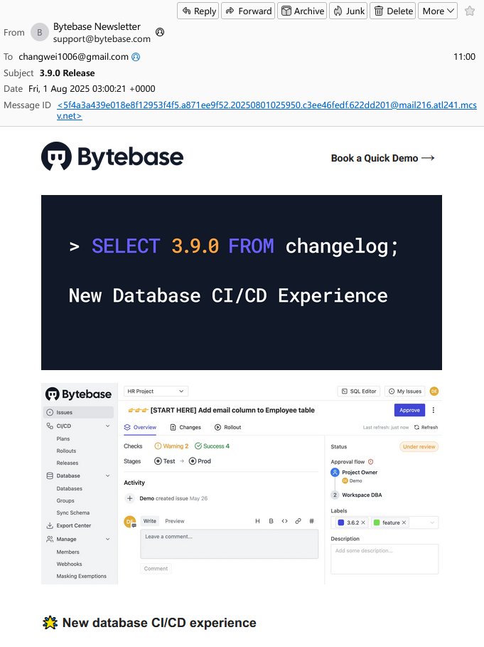 bytebase的这个schema不符合2NF
应该改为SELECT * FROM changelog WHERE version = '3.9.0'