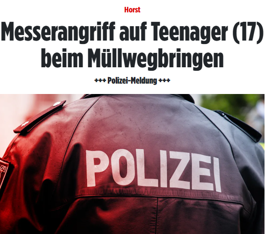 #Horst: Ein 17-jähriger wurde in Horst von mehreren Personen angegriffen und verletzt.
Der Jugendliche wollte am späten Abend Müll entsorgen. Die Angreifer bedrohten ihn mit einem Messer und schlugen zu. Der junge Mann erlitt Verletzungen im Gesicht. bild.de/regional/schle…