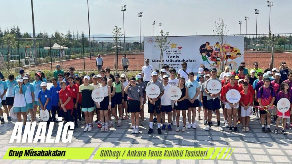📌 ANALİG
Tenis Grup Müsabakaları

📍Gölbaşı  
Ankara Tenis Kulübü Tesisleri

8️⃣ İl 
9️⃣0️⃣ Sporcu

1 - 4  Ağustos 2025 tarihleri arasında ilimizin ev sahipliğinde gerçekleşen şampiyonada tüm sporcularımıza başarılar diliyoruz. 🧿🤗