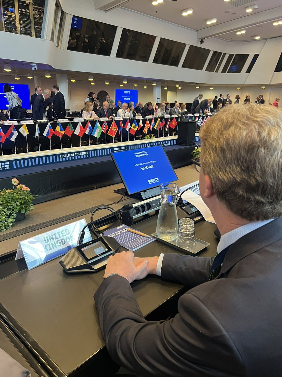 UKOSCE's tweet photo. 🇬🇧 Today we join partners for Helsinki+50 discussions, marking 50 years since the Helsinki Final Act - a milestone for peace, dialogue &amp; human rights in Europe.

Looking ahead, we remain committed to strengthening the @OSCE to uphold its principles &amp; meet tomorrow’s challenges. https://t.co/KWpNlndCgl