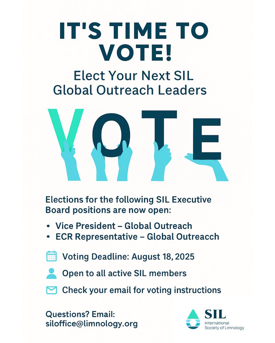 SIL Limnology (@sil_limnology) on Twitter photo SIL MEMBERS!
It’s time to cast your vote in the SIL Global Outreach Elections for positions :
Vice President
ECR Representative
Check your email inbox (from business@limnology.org) for your ballot.
Voting is open until August 18, 2025
Questions? Email: siloffice@limnology.org SIL MEMBERS!
It’s time to cast your vote in the SIL Global Outreach Elections for positions :
Vice President
ECR Representative
Check your email inbox (from business@limnology.org) for your ballot.
Voting is open until August 18, 2025
Questions? Email: siloffice@limnology.org
