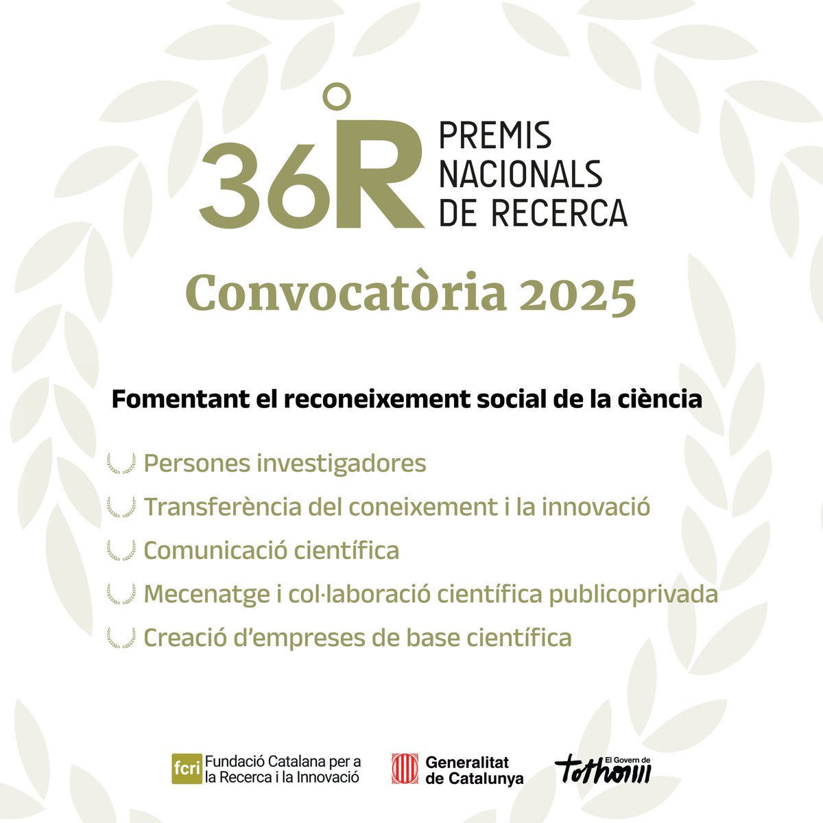 📣 Convocats els Premis Nacionals de Recerca 2025!

🏅6 categories: 2 individuals i 4 institucionals
🏅Reconeixement a la recerca, la divulgació i la transferència de coneixement

🗓️Es poden presentar candidatures fins al 13/10 

🔗Més informació: tuit.cat/W5m4d

#PNR25