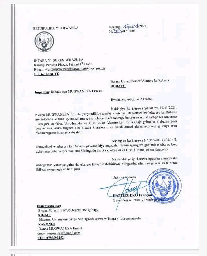 Babyeyi bayobozi b'Igihugu cyacu <a href="/PaulKagame/">Paul Kagame</a> <a href="/UrugwiroVillage/">Presidency | Rwanda</a> <a href="/PrimatureRwanda/">Office of the PM | Rwanda</a> <a href="/RwandaLocalGov/">Ministry of Local Government | Rwanda</a>  Ntewe ipfunwe n'agahinda ku bw'ikibazo natejwe <a href="/RubavuDistrict/">Rubavu District</a> aho kugikemura nkuko babihawe mo inama <a href="/RwandaWest/">Western Province I Rwanda</a> mu buryo burambye bagihunga bagiha inyito ry' IBIZA  NDABATAKAMBIYE