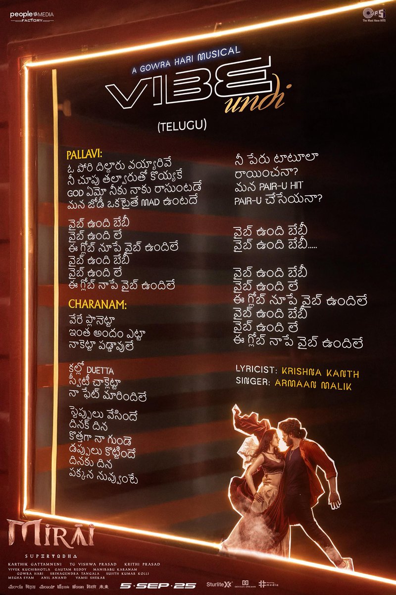 UrsVamsiShekar's tweet photo. Groove to the Vibe Song from #MIRAI with its energetic lyrics ππ€
#MiraiFirstSingle TRENDING TOP On Youtube ππ₯
β https://t.co/Axu0mp2DIS
Penned by @kk_lyricist #RiturrajTripathii #DMohanKumar #ManuVardhan #VaradarajChikkaballapura
#VibeUndi #VibeHaiBaby #VibeIrukkuBaby #VibeAitheBaby #VibeUnduBaby
A @GowrahariK Musical π΅
In cinemas SEP 5th, 2025.
SuperHero @tejasajja123
Rocking Star @HeroManoj1
@RitikaNayak_ @Karthik_gatta @vishwaprasadtg #KrithiPrasad @peoplemediafcy @ArmaanMalik22 @PolakiVijay #SaiCharanBhaskaruni @vivekkuchibotla @sujithkolli @manibkaranam @Srinagendra_Art @iammeghasyam @tipsofficial @tipsmusicsouth #SuperYodha