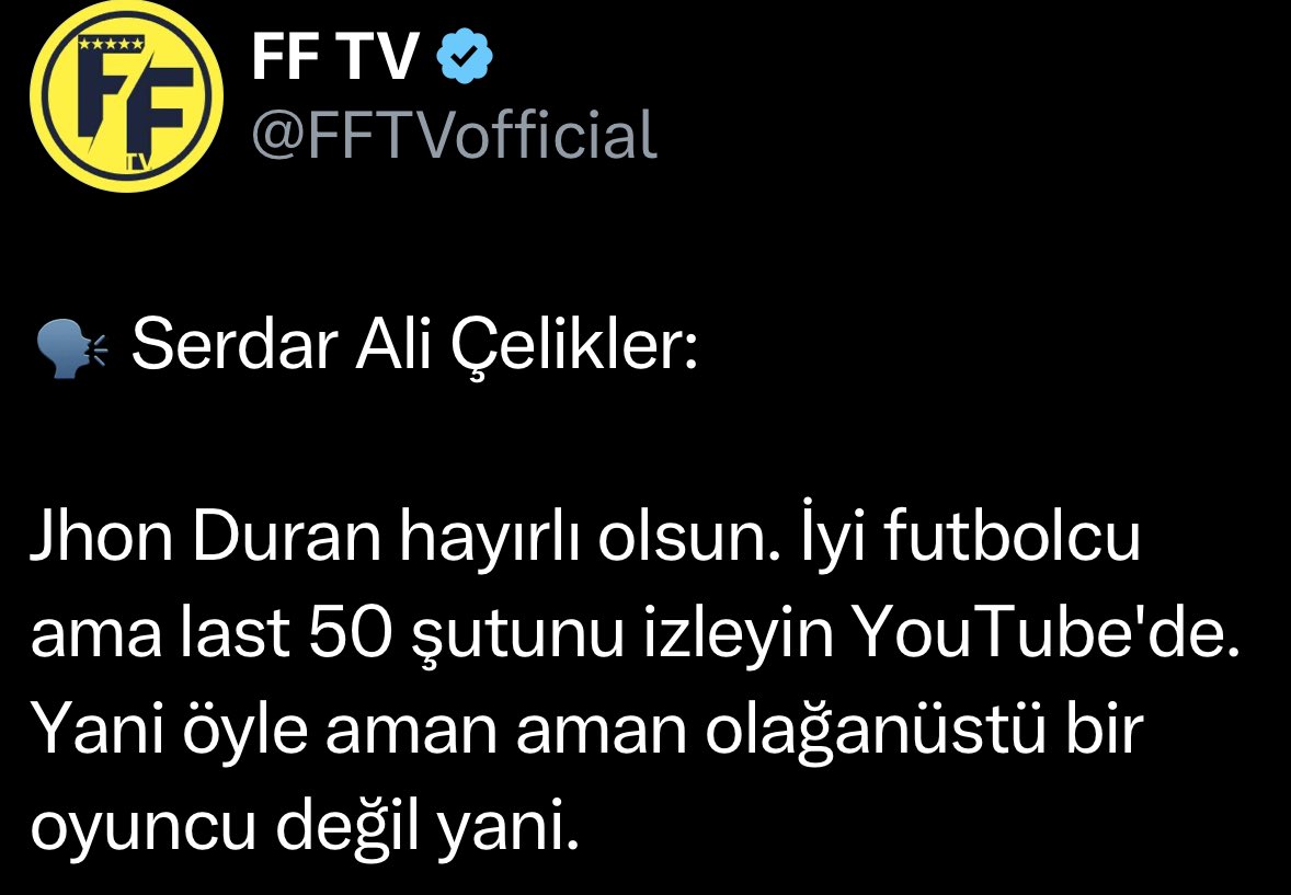 DegajSportscom's tweet photo. Bir sezon daha başlıyor. 

Gelin bu sezon bir devrim yapalım. Karanlıktan beslenen, kaostan medet uman, her fırsatta oyuncusunu linçleyen, değerlerine saygısızlık eden o toksik zihniyete artık “dur” diyelim. Fenerbahçeli görünen toksik insanları dışlayalım, ayıplayalım.

Daha 1 maça çıkmış oyuncusunu linçleten, Avrupa şampiyonu basketbol kaptanını aşağılayan, dünyanın en başarılı hocasına türlü türlü lakaplar takan, 40 yaşındaki kaptanını küçümseyen insanlara artık tepkimizi birlikte gösterelim. 

Fenomeninden, muhabirine, yorumcusuna…. Nasıl ilkokullarda, liselerde bu tarz zorba ve toksik kişiler varsa bu insanlar da işte onlar gibi. Bu arsız insanlardan siz de sıkılmadınız mı? 

Ve unutmayın: bu durum zannedildiği gibi başarı ve şampiyonluk gelince tersine dönmeyecek, çünkü tek besin kaynakları kaos ve camiaya yuva yaptılar. Bu yüzden onları görünmez yapmalıyız. Etkileşim vermeyin. Paylaşmayın. Konuşmayın. Dışlayın. Ayıplayın.

Buna biz öncü olmak istiyoruz. Kulübümüze ve yaşadığımız ortama fayda sağlamak isteyen tüm duyarlı Fenerbahçelileri de de desteğe bekliyoruz.