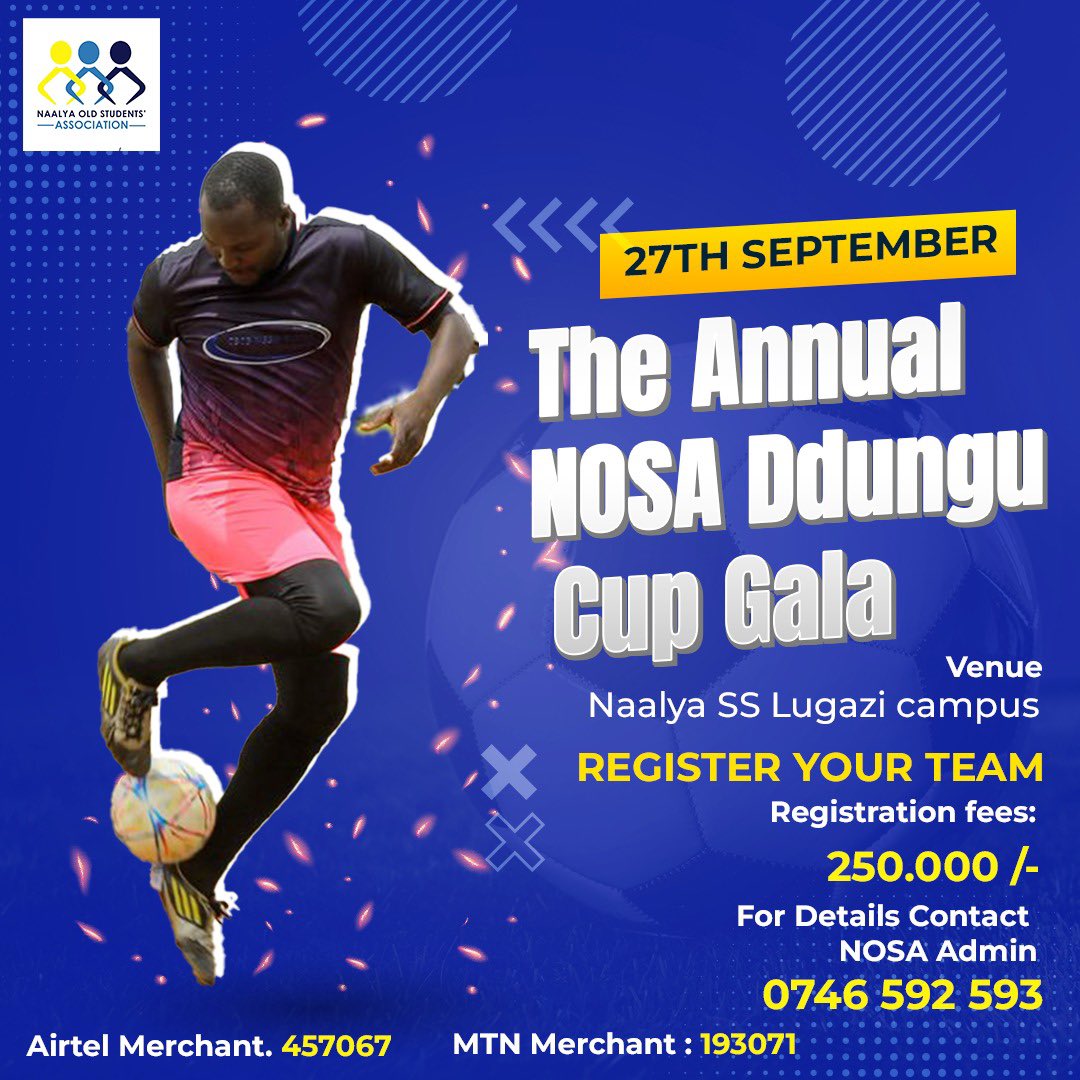 Naalya Old Students’ Association (NOSA) (@naalyians) on Twitter photo Naalyians,
The biggest <a href="/Naalyians/">Naalya Old Students’ Association (NOSA)</a> event of the year is ripe 🥁 🥁
Register your teams to book a slot, payments should be made via the merchants provided
Let’s gooo 🔈 🔊 Naalyians,
The biggest <a href="/Naalyians/">Naalya Old Students’ Association (NOSA)</a> event of the year is ripe 🥁 🥁
Register your teams to book a slot, payments should be made via the merchants provided
Let’s gooo 🔈 🔊