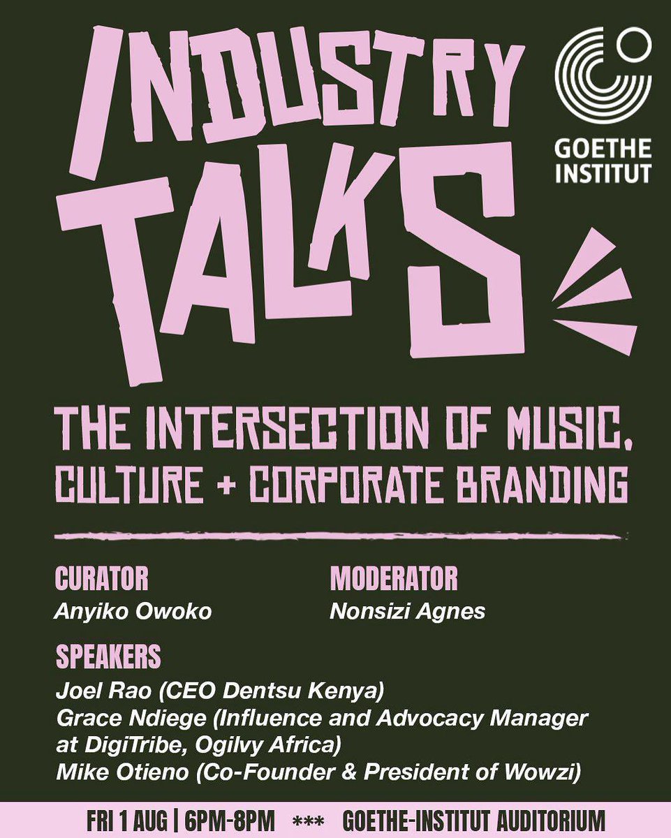INDUSTRY TALKS IS BACK! Tonight at
Goethe-Institut Nairobi from 6 PM. 
Free Entry! Join us for a timely conversation on The Intersection of Music, Culture &amp; Corporate Branding featuring leading voices from the agency and creative industries: Curated by yours truly! Come through!