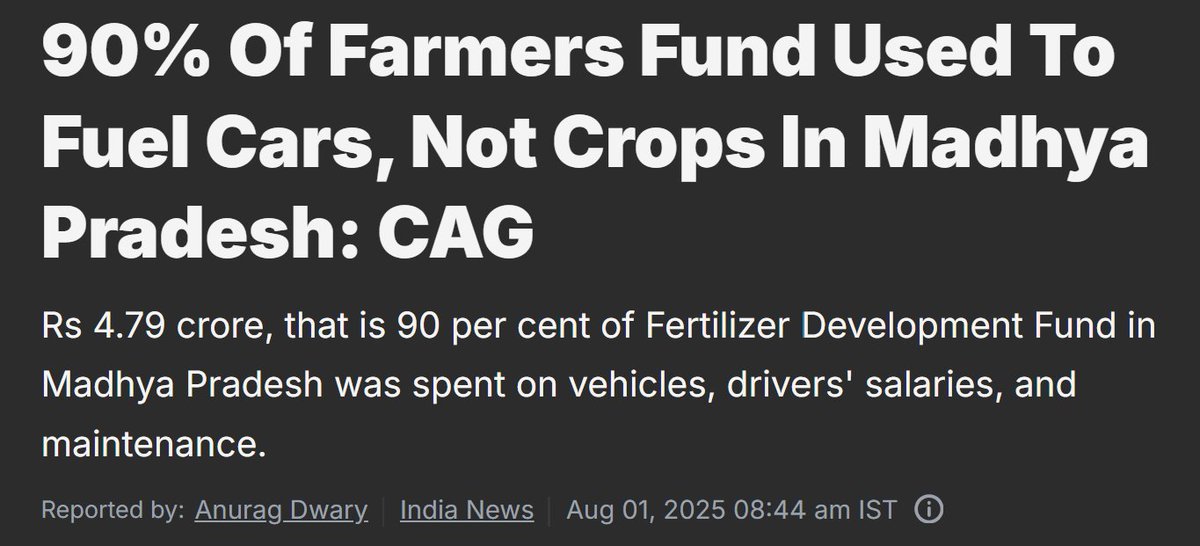 A fund meant to support farmers in their time of need was instead spent largely on fueling and maintaining government vehicles for five long years. The Comptroller and Auditor General of India (CAG) dropped this political bombshell in the Madhya Pradesh Assembly on Thursday,