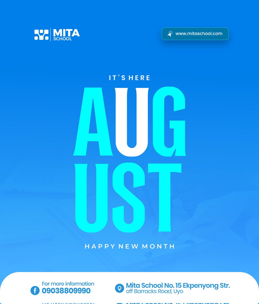 MitaSchool's tweet image. May August remind you of your value and strength. 🤭

Embrace each day, stay true to your path, and know that every step counts.🧑‍💻✍️

 Wishing you a peaceful, fulfilling month! Happy New Month from Mita School.🙏🏿

#mitaschool #HappyNewMonth